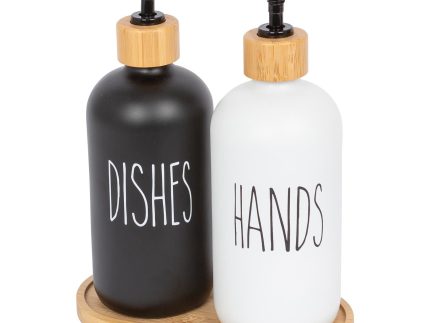 2pc Glass Hand & Dish Soap Dispenser Set with Bamboo Tray - 500ml - White/Black