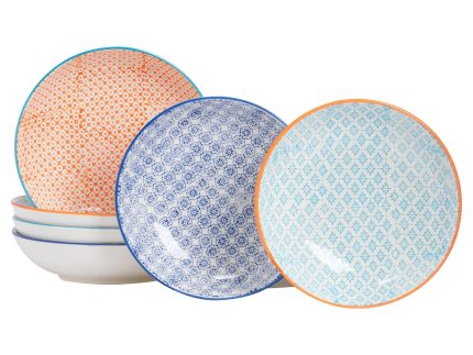 22cm Hand Printed Stoneware Pasta Bowls - Pack of Six
