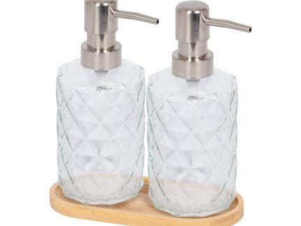 2pc Prism Glass Soap Dispenser Set with Bamboo Tray - 330ml