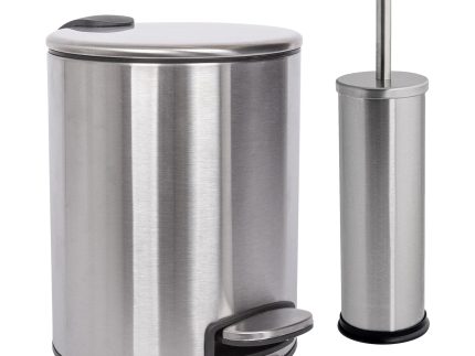 2pc 5L Round Stainless Steel Pedal Bin & Toilet Brush Set