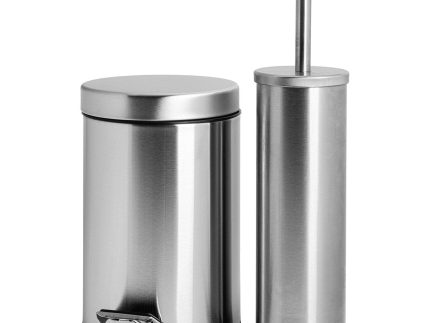 Matt Round Stainless Steel Toilet Brush & Bin Set